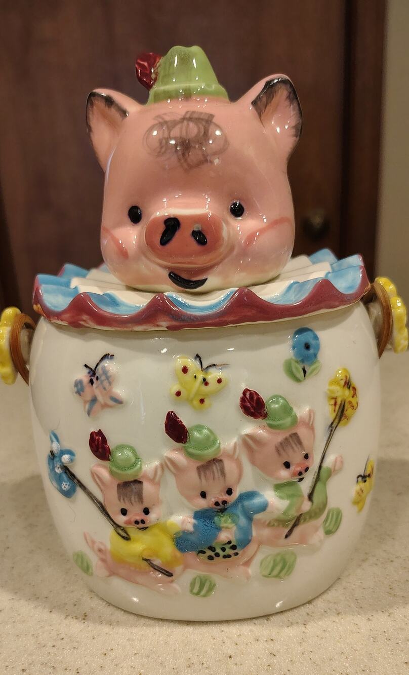 Vintage Lipper & Mann Three Little Pigs Cookie Jar Japan Wicker Handle 1950s